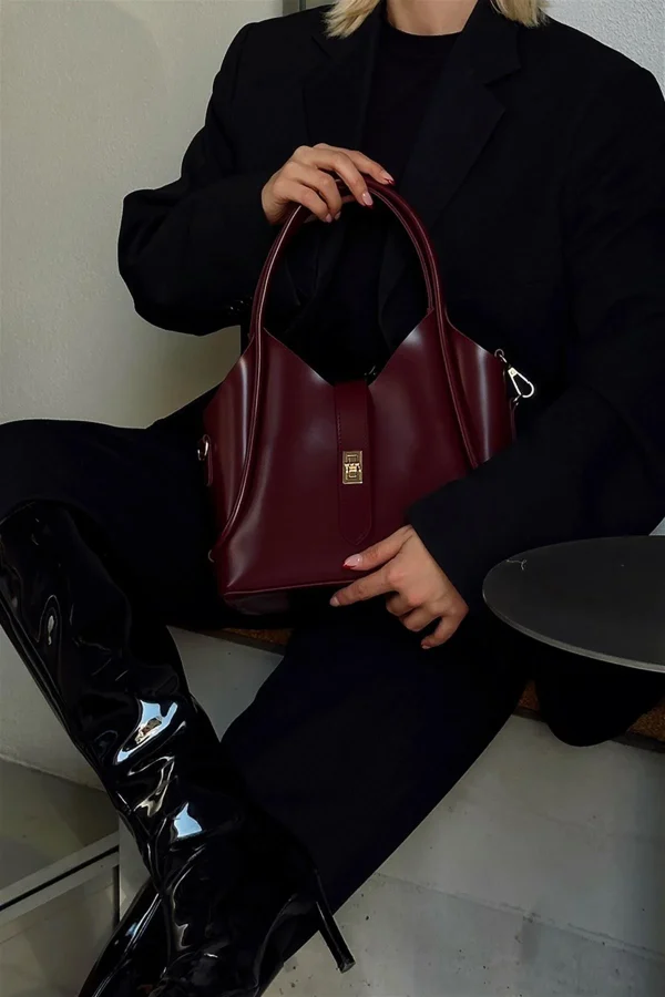 Elegant Burgundy Faux Leather Handbag - Image 8