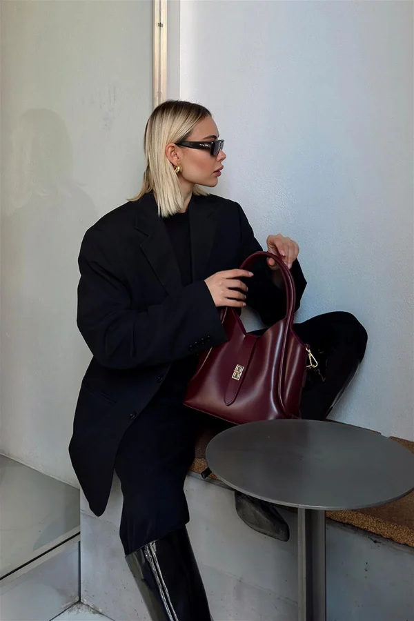Elegant Burgundy Faux Leather Handbag - Image 9