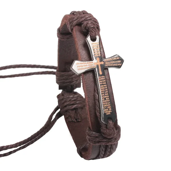 Leather Cross Bracelet with Adjustable Cord - Image 2