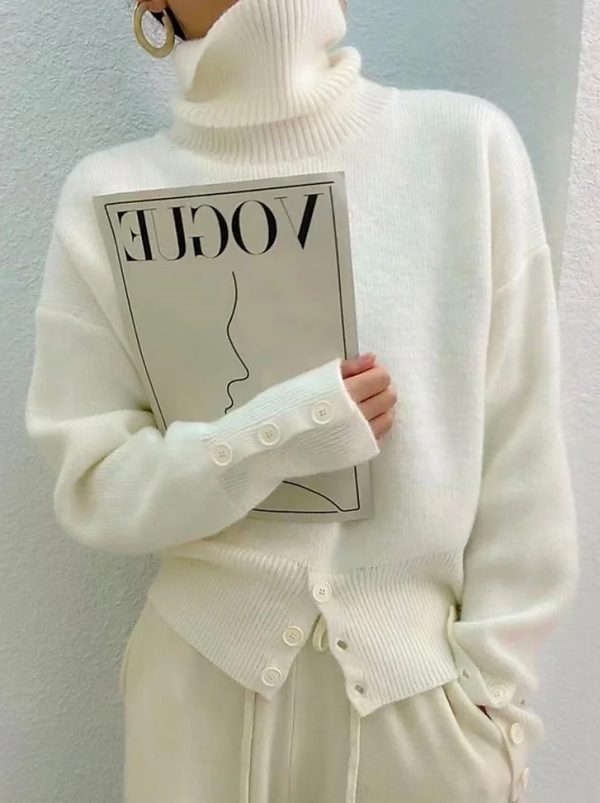 Turtleneck Button Ribbed Knit Sweater White Casual Knitwear
