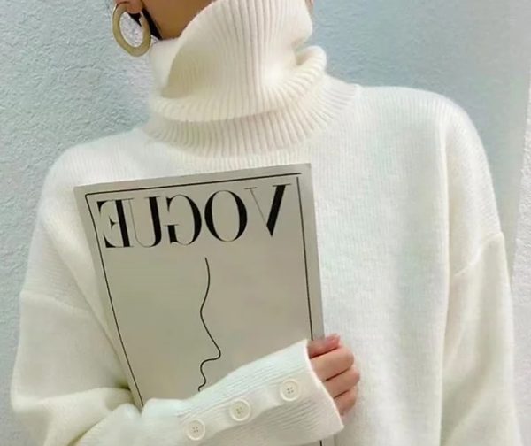 Turtleneck Button Ribbed Knit Sweater White Casual Knitwear - Image 2
