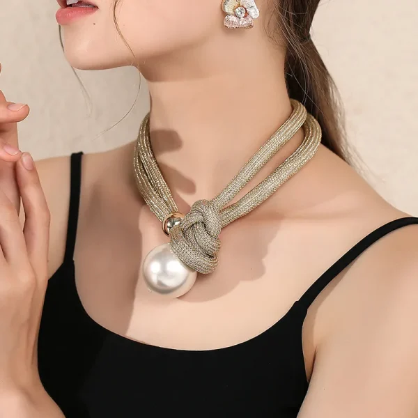 Knotted Rope Necklace with Oversized Pearl Accent - Image 4