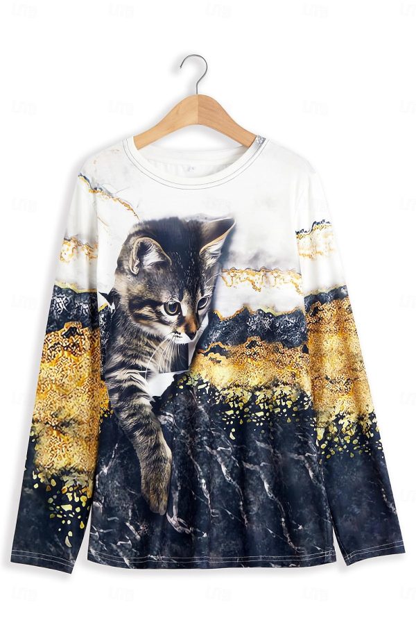 Cat Print Fashion Long Sleeve Tee - Image 2