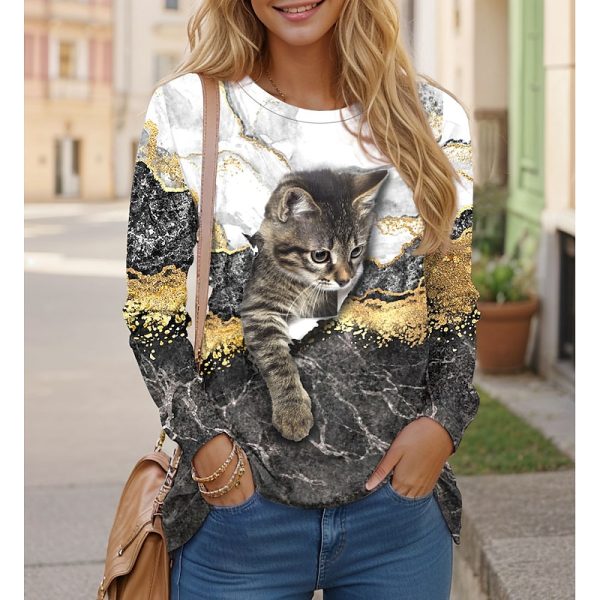 Cat Print Fashion Long Sleeve Tee - Image 9