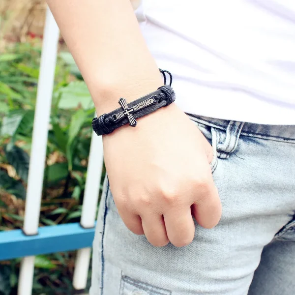 Leather Cross Bracelet with Adjustable Cord - Image 3