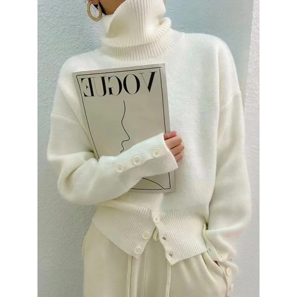 Turtleneck Button Ribbed Knit Sweater White Casual Knitwear - Image 4