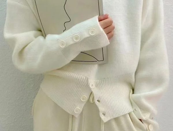 Turtleneck Button Ribbed Knit Sweater White Casual Knitwear - Image 3