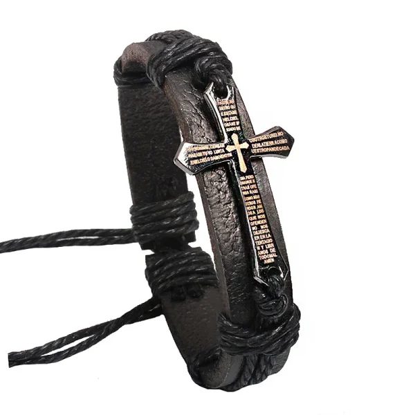 Leather Cross Bracelet with Adjustable Cord - Image 6